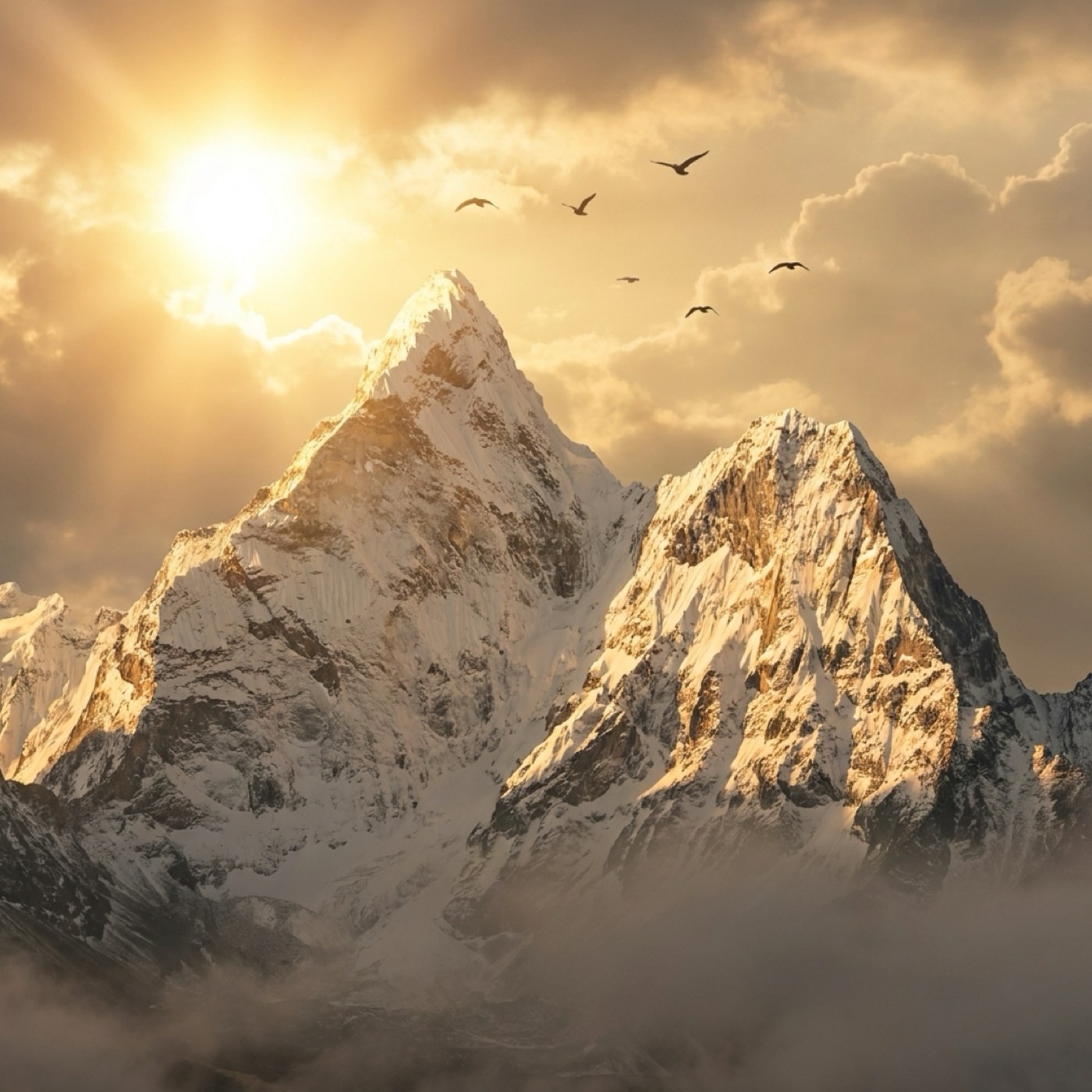 A photorealistic snow-capped mountain range at golden sunrise with birds, generated on a new layer by InkForge AI