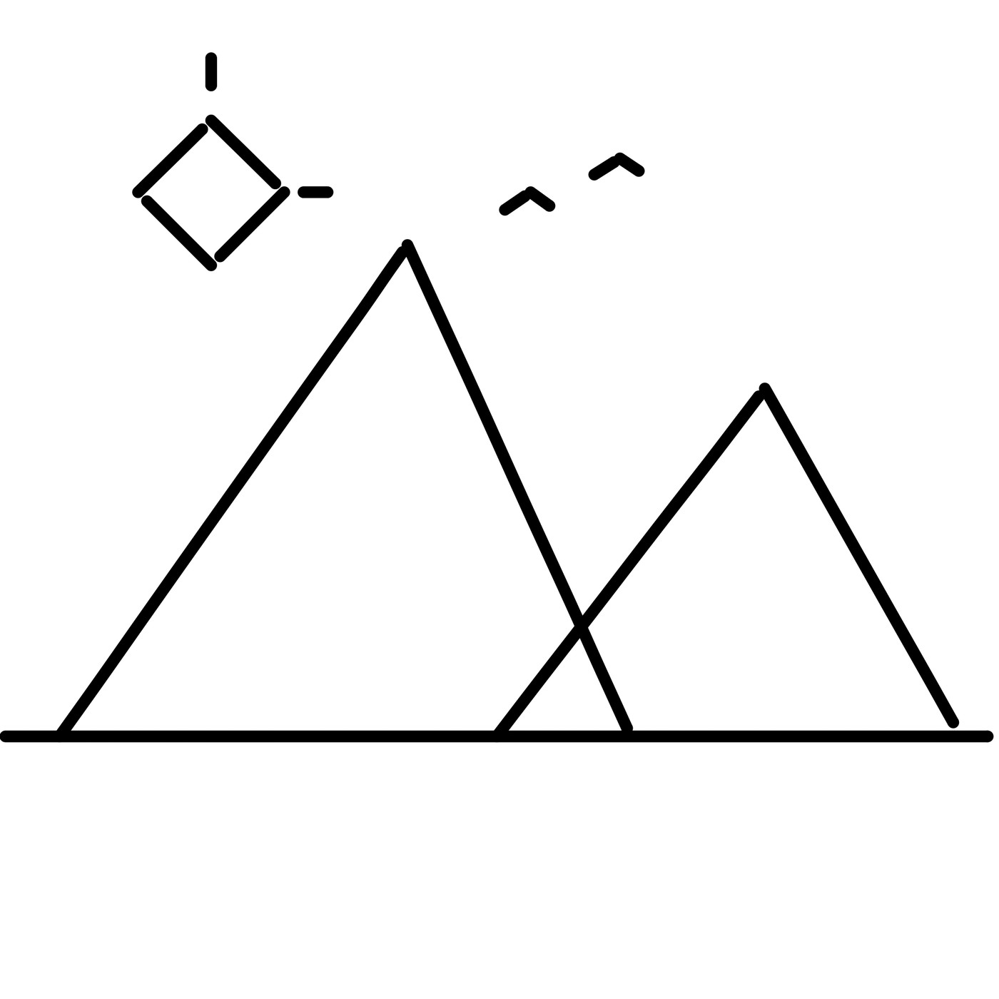 A rough black line sketch of mountains, a sun and birds drawn in InkForge