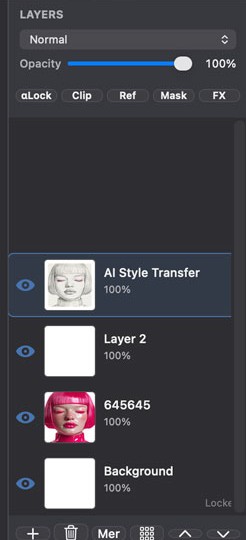 Layers panel with blend mode, opacity, alpha lock, clip, reference, mask and FX